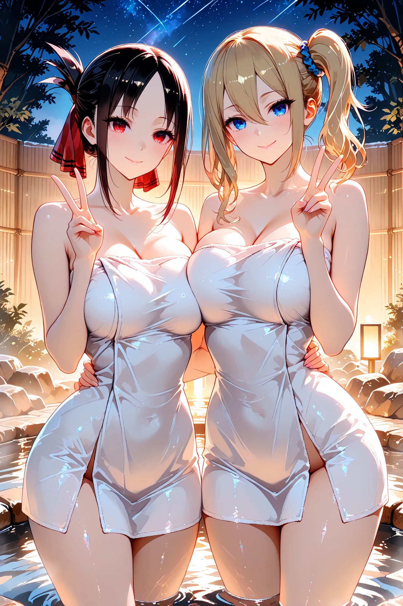 (((wrapping_bathrobe))), moonlight, stary_sky, red_hair, beautiful_hair, beautiful_eyes, 1_beautiful_girl,shy_face, cute_face, beautiful, best_quality, good_anatomy, belly_body, big_voluptuous_body, onsen, night, steam, moon,ultra_quality