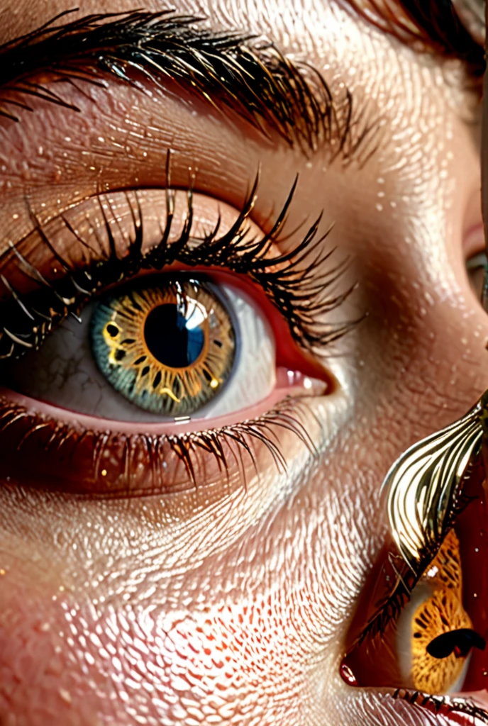 RAW photo, beautiful eyes, macro shot, masterpiece, peeking  stained glass, colorful details, award winning, high detailed, 8k, natural lighting, analog film, detailed skin, amazing composition, intricate details, subsurface scattering, velus hairs, amazing textures, filmic, chiaroscuro, soft light