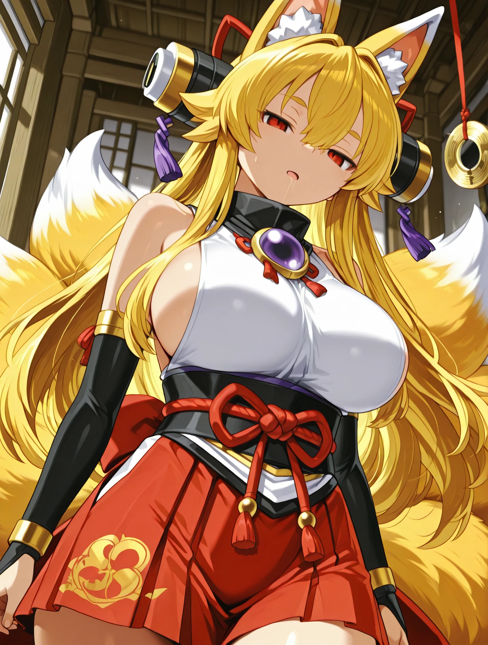 highest quality、smile、Big Breasts、Cleavage、Fox ears、Long blonde、Red Eye、kimono、Japanese-style room