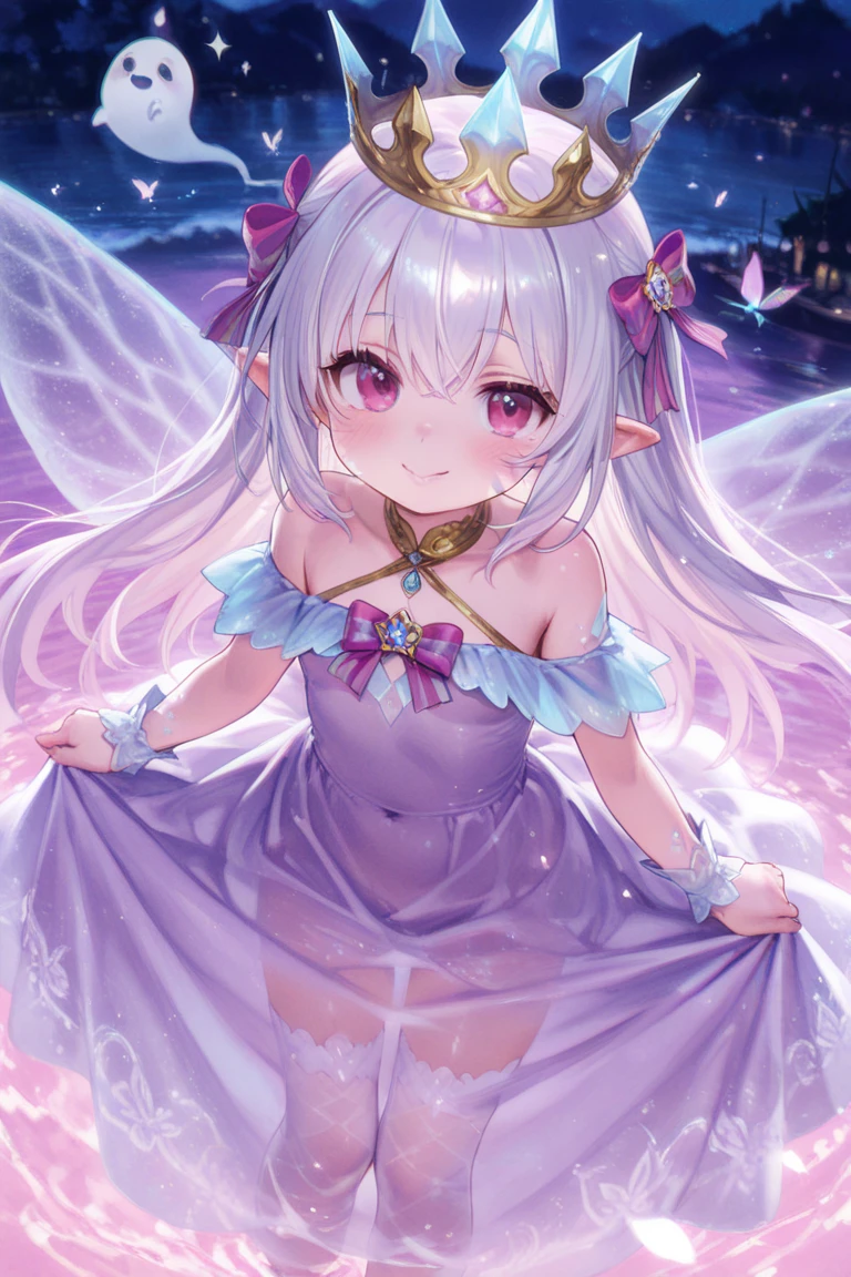 (highest quality, masterpiece, Super detailed, very detailed, exquisite, 16K,Full HD),dramatic lighting,moonlight, soft lighting, ((alone:1.5)),From the side,beautiful night sky,starry sky,Meteor,From above,((head shot)),wake up,large amount of flowers,The entire screen is surrounded by flowers,(Crystal Forest),(fairy princess, purple eyes, long eyelashes,white skin,slim,Pale pink lip,pale pink cheeks, bionde,thin and long,(thin and high nose,small nose),(From above her waist, a giant fairy wing),diamond tiara,diamond earrings,Diamond Choker,white ball gown dress with diamonds, lace and ruffles,(laughter), (fantasy, romantic atmosphere), magic light,