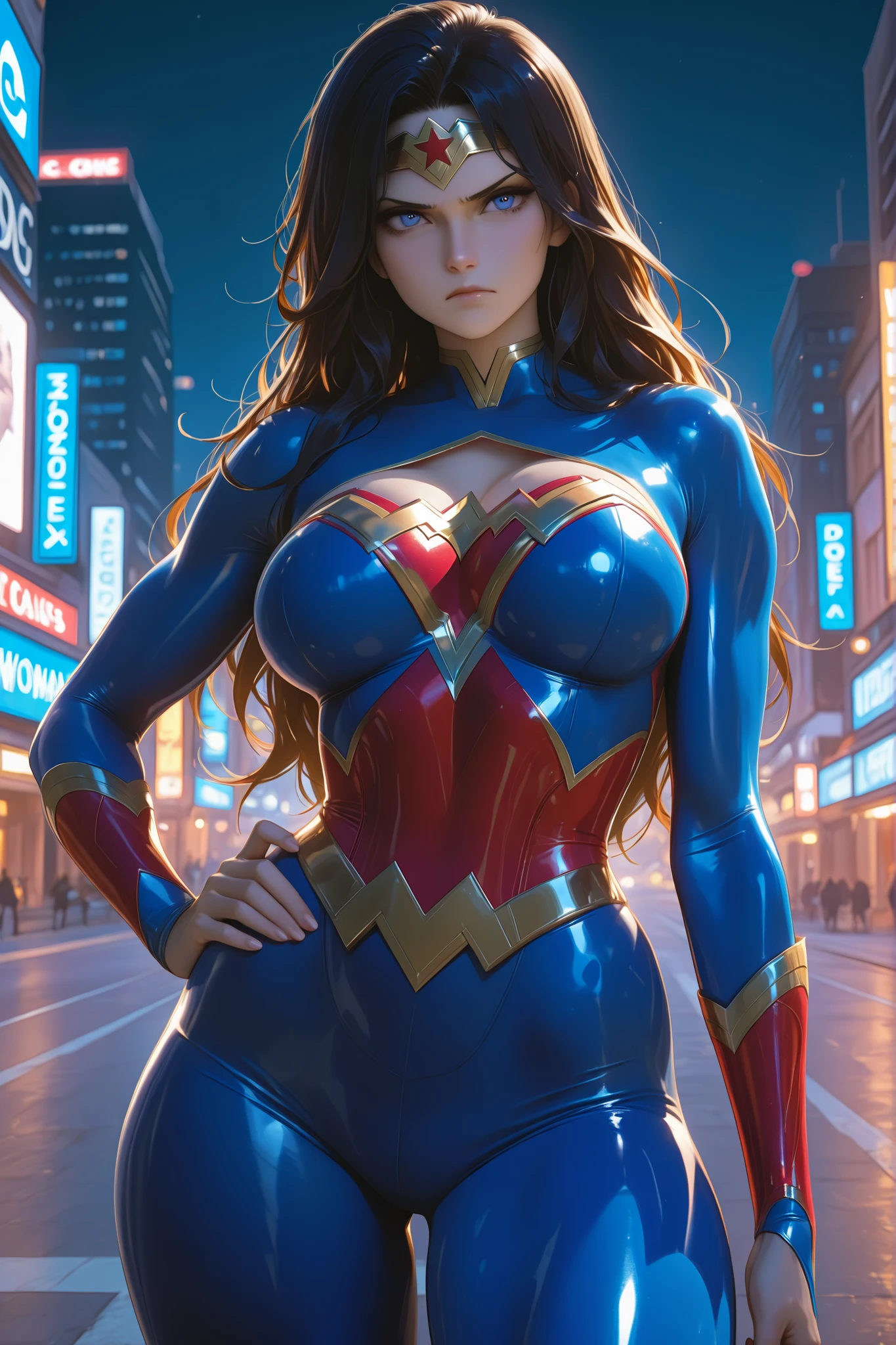 women, UHD, in the night city of tokyo, Beautiful woman body with ???????????, busty, dressed in Supergirl costume, neckline, showing off her ???????, very short miniskirt, superman costume, tattoos, wait, very long multicolored hair, blue eyes,