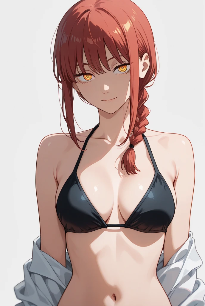 masterpiece,best quality, official art, extremely detailed CG unity 8k wallpaper, ((top quality, 8k, masterpiece: 1.3, ultra hd, high quality, best quality, high definition, ((realism)), sharp focus: 1.5,（Very detailed CG unity 8K wallpaper), Dark Cinematic Lighting, cinematic lighting, makima \(Chainsaw Man\), , Slim and skinny body, slim waist, braided ponytail, Wearing micro bra:1.2 ), Looking at the viewer, office background, The best quality,