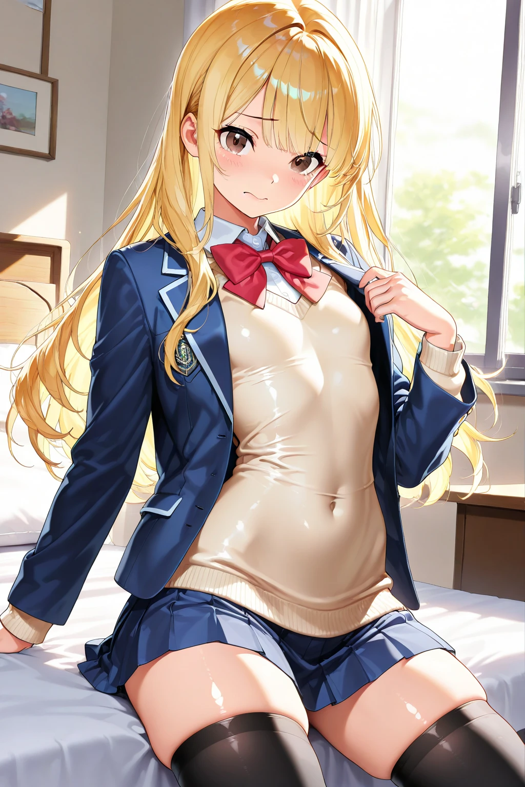 a woman with short hair and fishnets, and is wearing short shorts, 1girl, solo, ?????????, panties, long hair, hand on hip, thighhighs, skirt, pleated skirt, shirt, uniform, ???????, employee uniform, blush, looking at viewer, short sleeves, simple background, white background, blue skirt, striped shirt, black thighhighs, bangs, pantyshot, striped, closed mouth, blue shirt,Ichigo Hoshimiya (Aikatsu!),lol_i