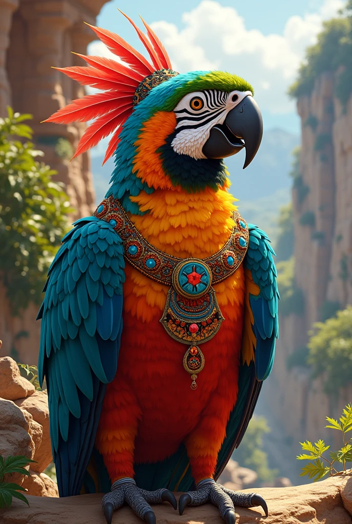 Indigenous Xavante best quality, very high resolution, detailed CG in 4K, masterpiece, Xavante mythology, Indigenous Xavante, Guaraci, macaw parrot feathers, Brazilian native, indigenous, standing pose, Mayan clothes, aesthetics, ((XAVANTE)) beautiful image, centered on screen, standing pose