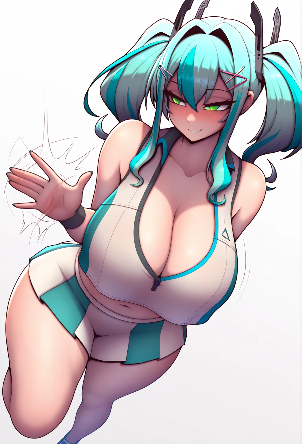 (masterpiece:1.3)、(Highest quality:1.3)、(Very detailed:1.2)、((cute))、cute、(Adorable)、((????))、((Very detailed))、4K、(8k)、Highest quality、(beautiful)、shape、Anime Style、(Bold line:1.2)、Gradation、(whole body)、//、(Put your arms behind your head:1.2)、Leaning forward、//、cute女の子、One personの女の子、16 years old、(One person:1.2)、//、???????????、(???????????:1.8)(Perfect Eyes:1.2)、(Perfect Iris:1.2)、//、long side ponytail hairstyle、Turquoise hair color、(beautiful目)//、(?????? expression:1.2)、(smile)、smile、//、Abstract art(V-front ultra-thin micro plunge swimsuit)、（V-front ultra-fine micro plunge swimsuit)//、(zentangle background)、Abstract Background Art