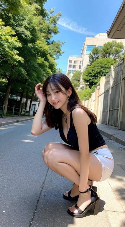 masutepiece, Best Quality, Illustration, Ultra-detailed, finely detail, hight resolution, 8K Wallpaper, Perfect dynamic composition, Beautiful detailed eyes, Full body shot,  、  、 Natural Color Lip, Random and  poses, arms up 、   Smile,Aoyama Street Walk、20 years girl、bobhair,Short hairstyle、Loose curly hair