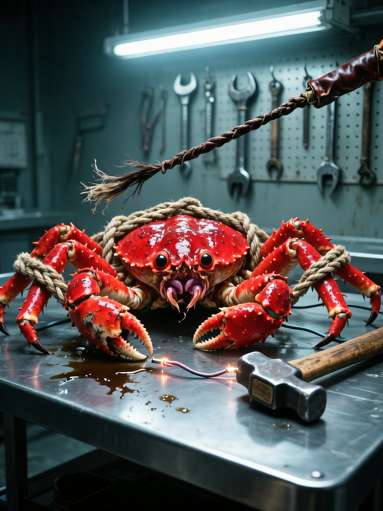 A highly detailed and realistic scorpion mimic treasure chest, covered in blood, returning to its favorite resting spot, intricate details, hyper-realistic, 8k, photorealistic, chiaroscuro lighting, dark moody colors, dramatic shadows, horror, fantasy, digital art
