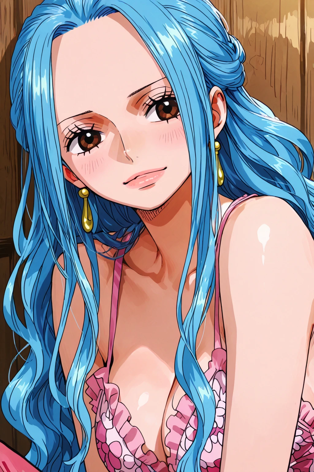 yamraiha, 1girl, blue hair, micro pink shell bikini, forehead jewel, sagging breasts, 64K, f1.2, 800mm, UHD, dynamic lighting, blue eyes, looking at viewer, portrait, blushing, smile, open mouth, selfie,