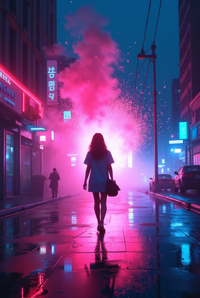 A digital art illustration with neon colors, set in a night city ...