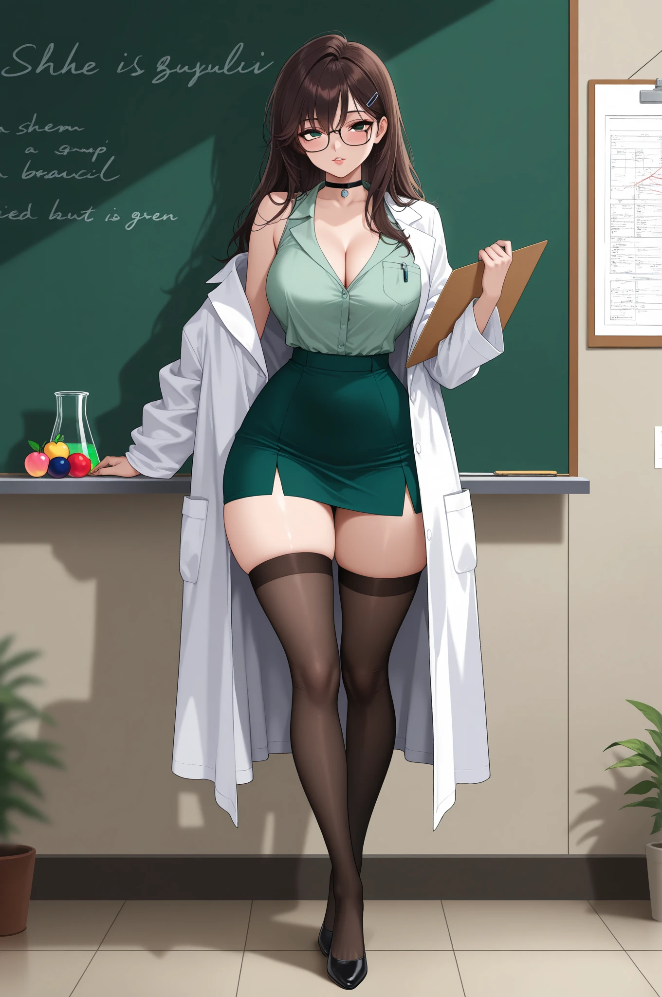 asian schoolgirl, in my 40s, huge boob, Full body  long skirt， Deep cleavage on display, Excitation，pink，no jewelry, Stand in front of the blackboard, hyper realisitc, 4K, A high resolution