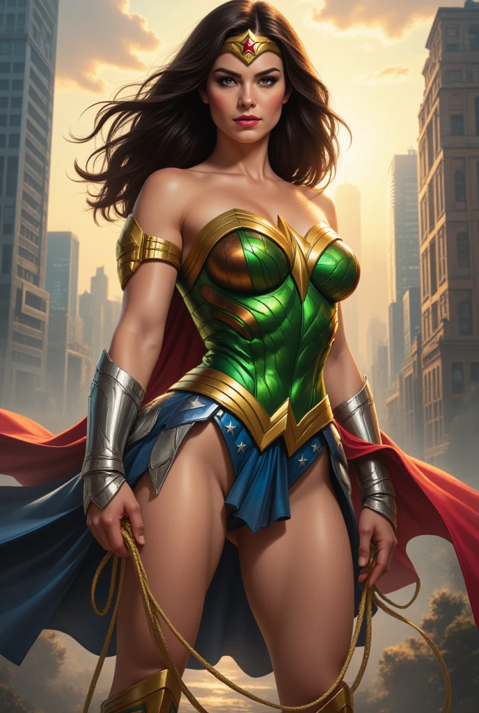 Absurd resolution, high resolution, (masterpiece: 1.4), hyperdetail, 1girl, facial focus, night, mature, beautiful and  woman, a powerful superheroine wearing yellow cola and green long cape, serious and cold expression, flying over the city skies (1.3)