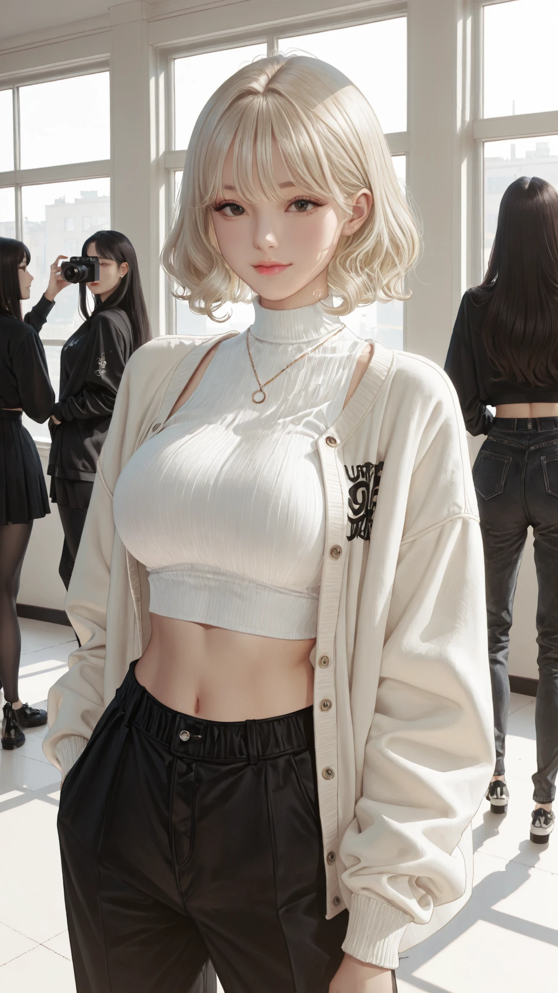 Beautiful woman with perfect figure:1.4，2 girls，Ultra-high resolution，White background，（Realism:1.4)，Layered hairstyle，White skin，JK:1.5，Super short pleated skirt，whole body：1.4，Very delicate and skin texture，Double eyelids，Skin Whitening，Long hair，White hair
