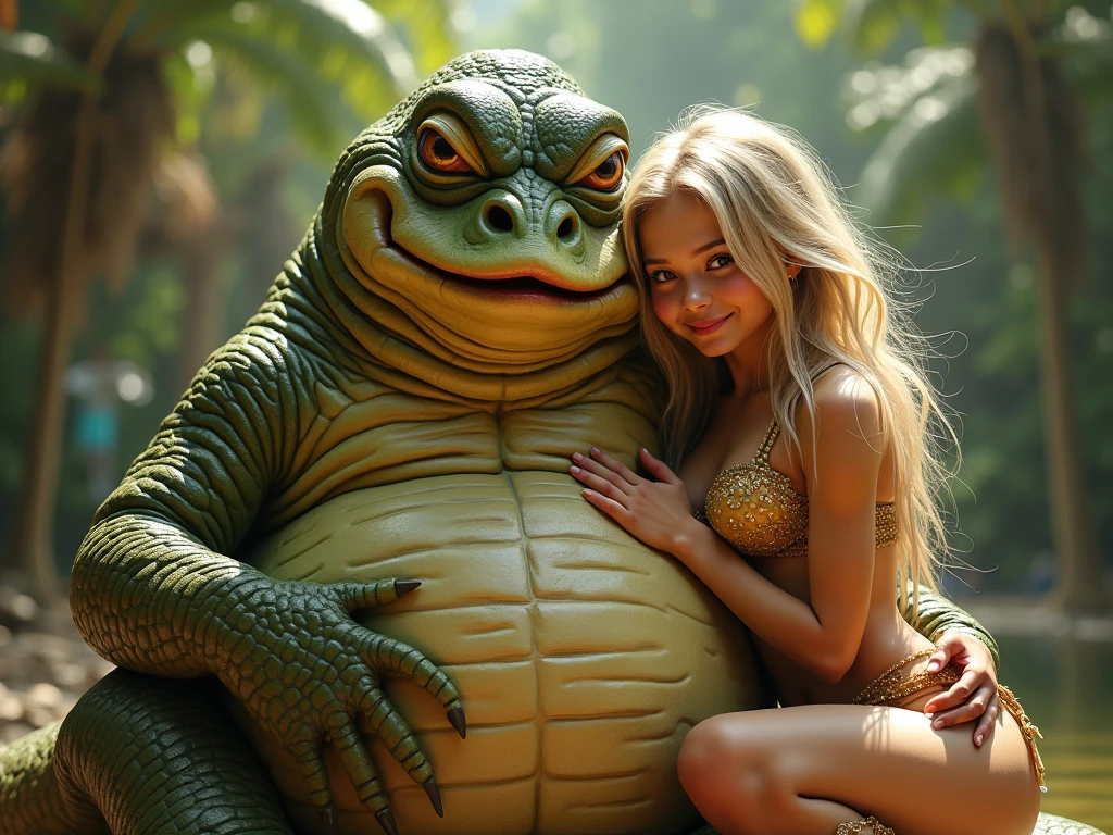  Happy , aroused 1girl), beautiful blonde young teen girl  wearing red  with  giant colossal  green kaa monster squeezing her hard, wrapped in thick spiraling coils, constricted, struggle, gasping for air, snake attack, snake peril,