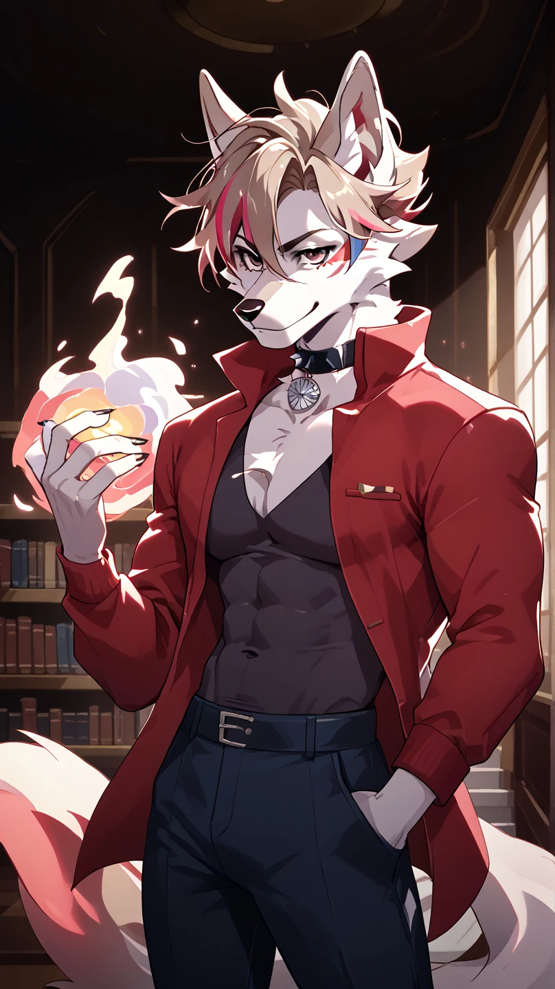 (sfw:1.5), male focus, Pharmacy师, Handsome 1boy, solitary，protrait photo，single, (Black nails, Black claws, White feet, White feet底板:1.4), White hair, White skin, (Black tiger stripe:1.5), (Black tiger stripes on arms, Black tiger stripes on legs, Black stripes on arms, Black stripes on legs:1.4), (White tail:1.3), White Teeth, (White fangs, Exquisite fangs, Perfect fangs:1.4), Delicate teeth, Perfect Teeth, (Perfect red eyes:1.4), (White body:1.3), 
White Tiger, White Tiger, dragon boy, dragon body, feet, (evil eyes, big eyes, large eyes:1.4), (Chubby, The body is huge, Larger face:1.3), Human feet, (Four toes:1.4), 
(古希腊Red robe, Red cloth wrapped around the crotch, Red robe, Red Cape:1.4), (:1.1), 
(full body:1.2), Front view, (Middle-aged men, Mature men:1.4), (Strong body, muscle,Strong male, muscle男,  chest muscles:1.3), Red , (Abdominal muscles:1.4), belly button, ( legs, Strong and strong legs, Strong legs, Thick arms:1.3), (Sitting, Sitting:1.3), (Looking at the audience, Focus, Eyes gaze:1.1), enjoy, (evil smile, evil grin, evil smile, Evil smile:1.5), (Holding a red potion in hand:1.4), 
full background, Stone brick floors, indoor, Potion Rack, Wooden frame, night, Candle, Pharmacy, Potion Bottle, Dim environment,
Mysterious and romantic atmosphere, Caustic lines(refraction, polarization)Perfect anatomical structure, absurd, Detailed background, (Delicate eyes:1.3),Printing style。((artist:Takemoto Arashi))