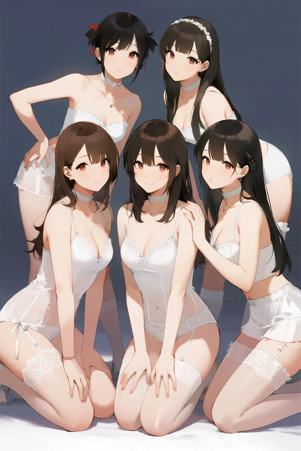 Highest quality,masterpiece,Teenage female idol group,Completely ,,Dark hair color,A good friend, gravure shoot,During a break,Photo studio,Smiling members chatting among themselves