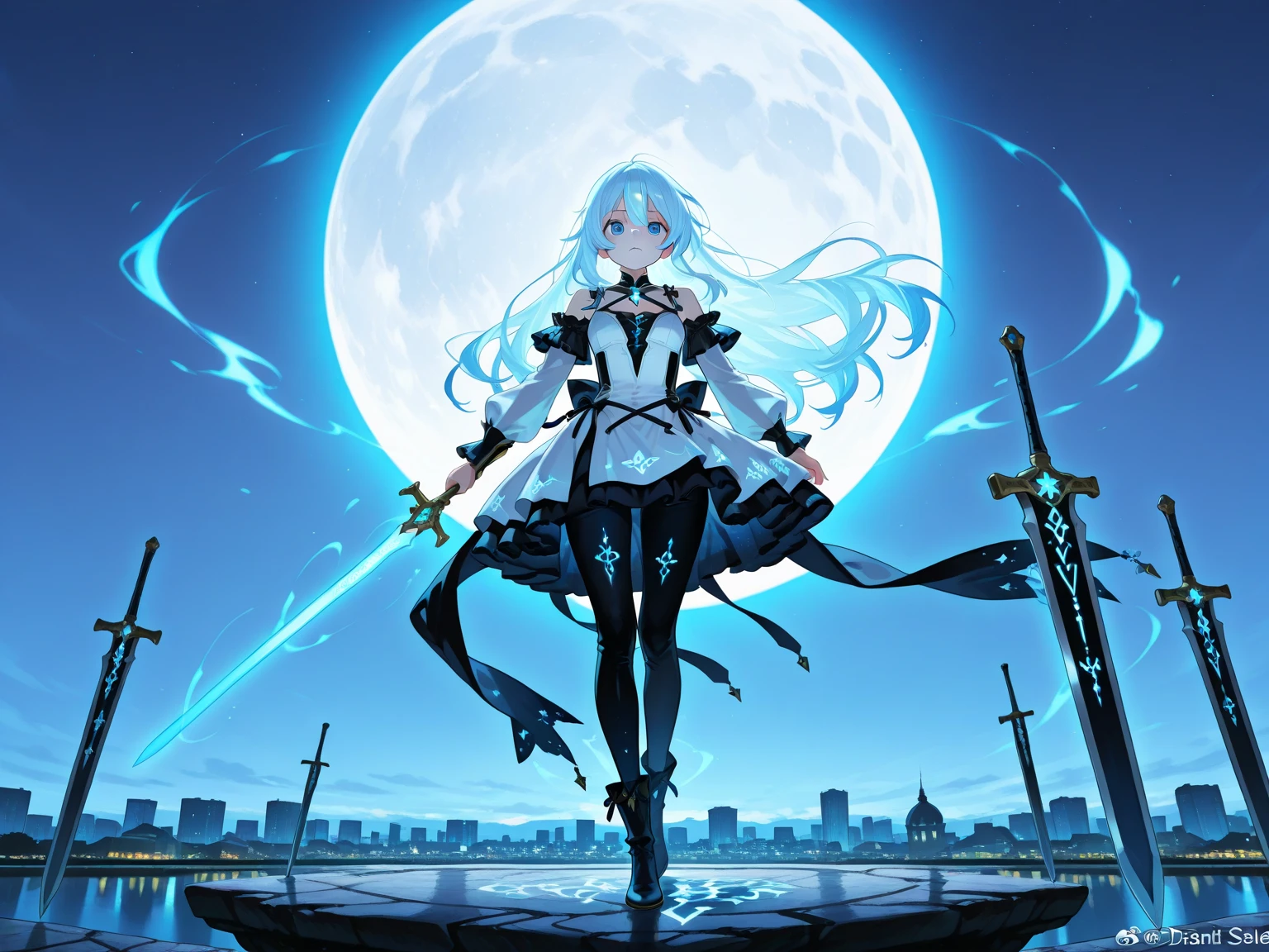 [(cathedral background:1.4)::5],Original,(Illustration:1.1),(Best Quality),(masutepiece:1.1),(the Extremely Detailed CG Unity 8K Wallpapers:1.1), (Colorful:0.9),(mid-shot:0.95),(Full body:1.5),Dynamic Angle,(Solo:1.2), (girl),(((Adult))), (Detailed beautiful eyes:1.15), (Beautiful face:1.15), (Glowing black eyes:1.25////),(Blue Long Hair),(nun headdress),(+perfect hand+:1.21),(Draw an illustration of a Holy Knight Wizard),(Religious),(slender),(she has boots on her feet),((I'm wearing black knee-high socks)),Smile,(Ruffled  with metal embellishments),beautiful slender adult,((theater background)),