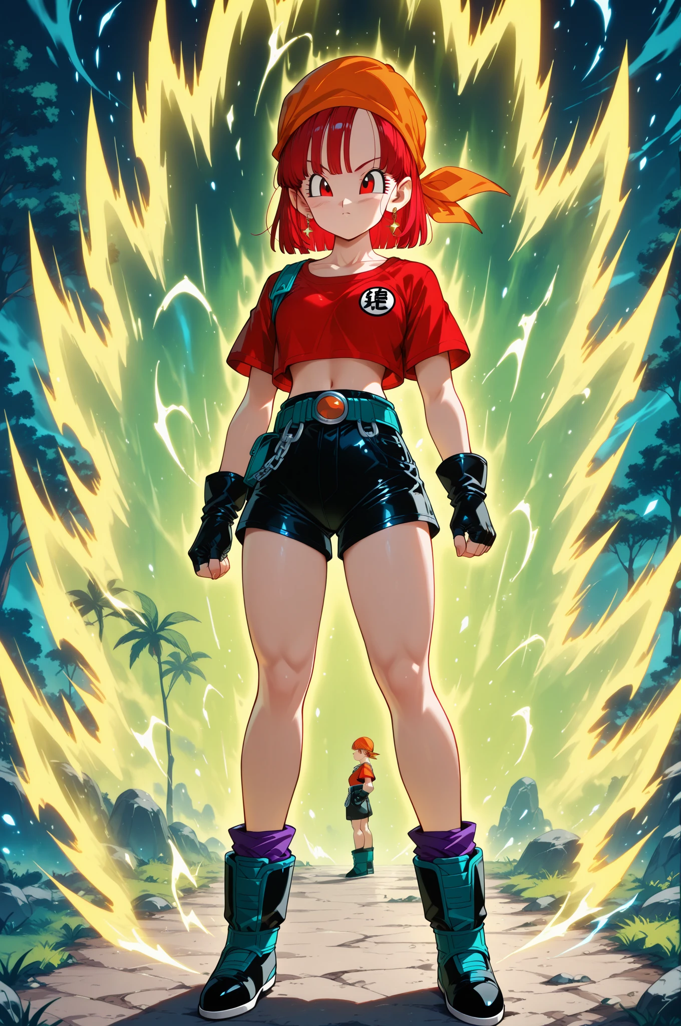 red-haired supergirl posing in front of a city skyline, perfect body, highly detailed giantess shot, sfw large breasts, giantess art, smug smile