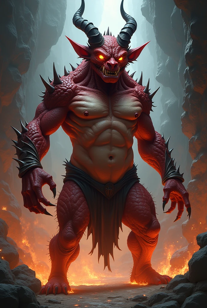 score_9, score_8_up, score_7_up, score_6_up, score_5_up, score_4_up, source_semi-realistic, source_furry, solo, demonic creature, full body, , absurdres, brutal, feral, saggy , big spiked , flame, Furbolg,
