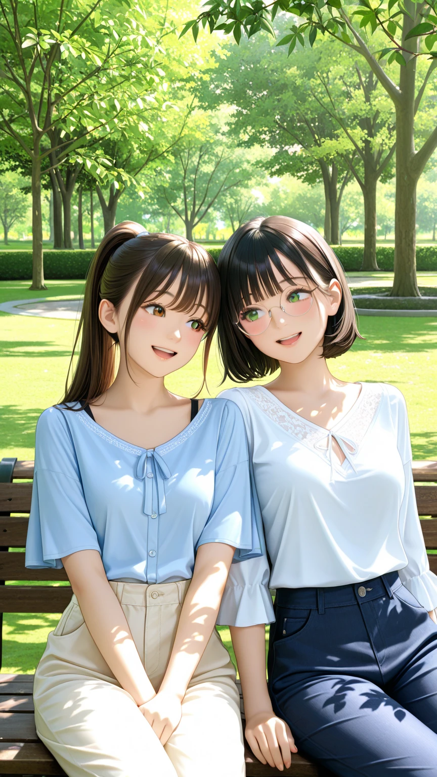 (highest quality:1.4)、Ultra-high resolution、Detailed Background、masterpiece、Anatomically correct、Detailed face、(Beautiful face in every detail:1.3)、cute20代の美女、brown hair or cute colored hair、(:1.2)、Realistic、Perfect body line、Attractive woman、Full Body Shot、Cowboy Shot、
(Two women having fun and looking happy:1.5)、
He looked at me with a happy expression.、smile、A big smile、cute、The gesture of fixing hair messed up by the wind、cute仕草、
Tight silhouette, casual and modest shorts、Shorts with a rounded silhouette that gives a bright impression are popular.、Focus on the base and color、
The trend is、Step cut one length bob and wolf cut.、
Software Trends, Layered long hairstyles and hairstyles that frame the face continue.、
Pair it with a striped shirt, White bags and shoes perfect for a spring look.、
We recommend knitwear and cardigans with compact silhouettes..、
If you want to look casual, try wearing a sweatshirt or hoodie..、
Try choosing a cut-and-sew top or pullover..、
Try wearing the vest as a layered outfit.、
Narrow flare、Try choosing a  or a flared skirt.、
Complete your outfit with just one dress、
Wear this jacket casually、Try layering for a fun style..、
Large ribbons that add elegance are in style.、
The dark colored ribbons are especially suitable for mature women..、
Chiffon and chic color ribbon barrette、
Cherry blossom festivals will be held all over Japan.、Especially Hirosaki Park and Philosophers in Aomori Prefecture'Roads of Kyoto.、Fukuoka Castle in Fukuoka is famous..、cute