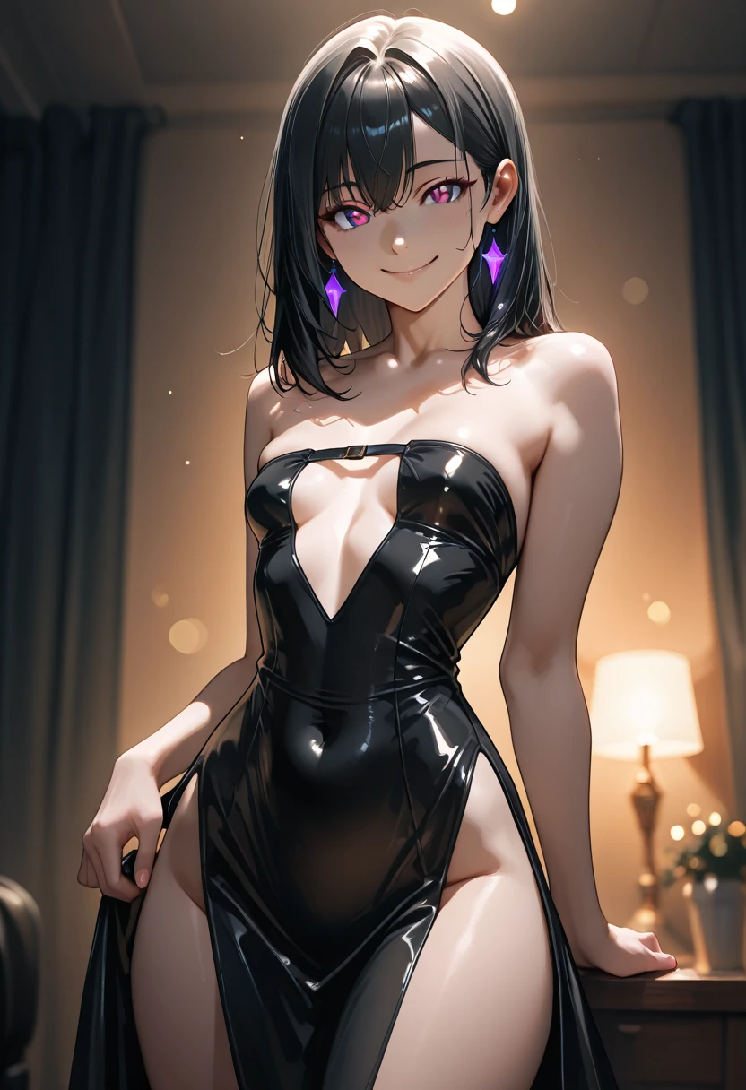 ((((Obra maestra, La mejor calidad, ultrahigh resolution)))), 1girl, standing, leotard,  girl, ((small black floppy  ears in full view:1)), ((floppy  earlack hair, dark black hair over eye:1)), (wide shot), long hair cut, pale skin, ((brown eyes)), glowing_eyes, neon eyes, (ultra detailed eyes:0.7, beautiful and detailed face, detailed eyes:0.9), ((centered)), smile, ((wide shot)), (((indoor club background, purple and black lights))), , looking at viewer, ((half closed eyes)), ((perfect handloppy black  ears:1, arms,  in view, elbows, thighs, in view))), ((hand pulling off clothing)), empty eyes, beautiful lighting, outside, outdoors, background, defined subject, 25 years old, (head tilt), (((cool))),