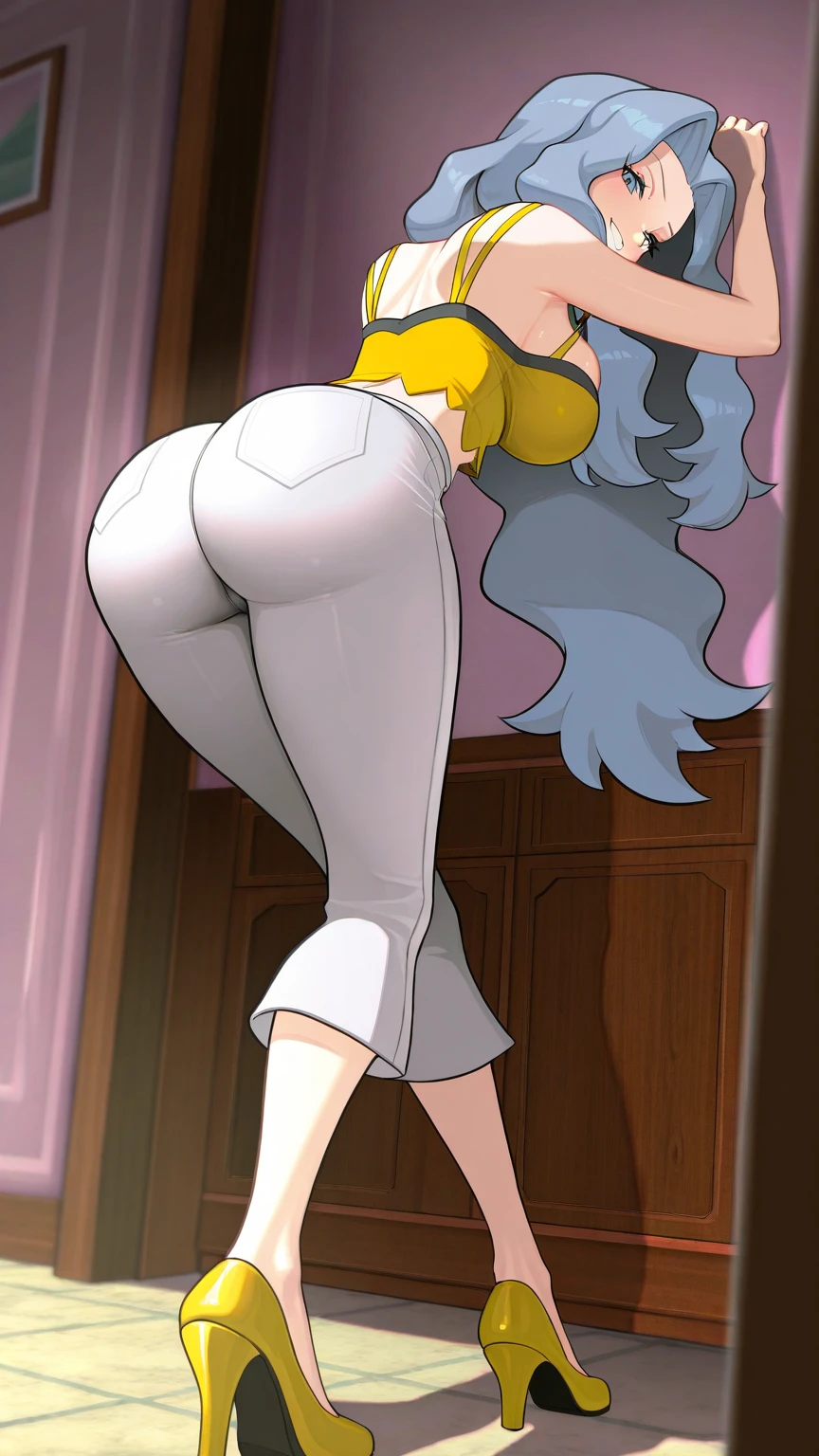 score_9, score_8_up, score_7_up, score_6_up, score_5_up, score_4_up, background sunset apartment, bedroom, sunset shimmer, equestria girls, cute, romantic, bedroom eyes, , bra, female, , , looking back, looking at viewer, beautiful, panties, , skirt lift, shirt lift, cartoon, vector, show accurate, blushing, male pov, Sunset sticks her  out, shapely , thongs panties. Male POV has a very huge and big tent in his pants,  bulge in pants