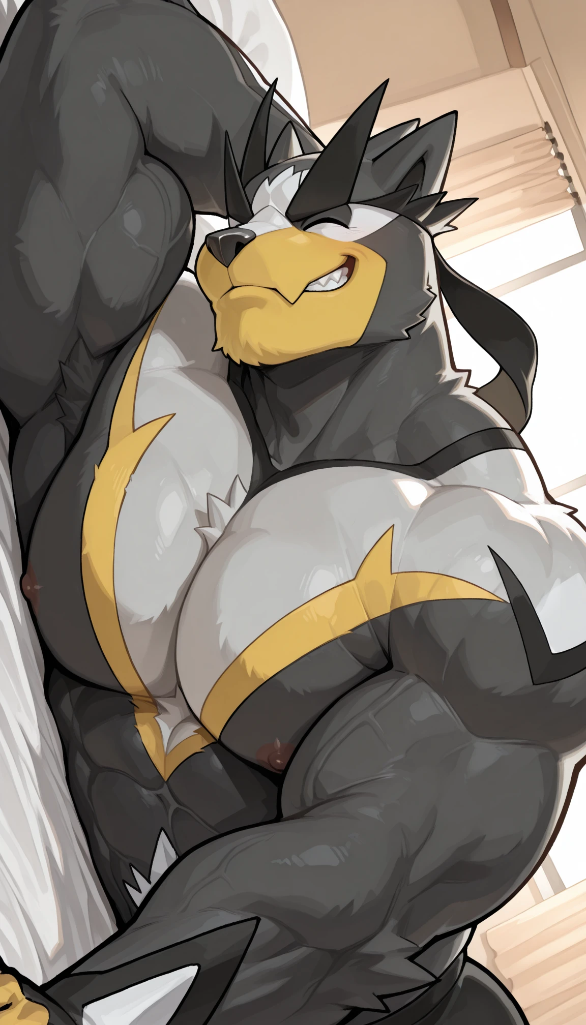 By bebebebebe, by buta99, by chunie, by sonsasu, by danza, solo, male, standing, canine, ((dobermann, black fur, blonde hair, short hair)), red eyes, muscular, biceps, blep, smug expression, big heavy ?????, veiny flaccid ?????, flexing, armpit hair, ?????, ????? hair