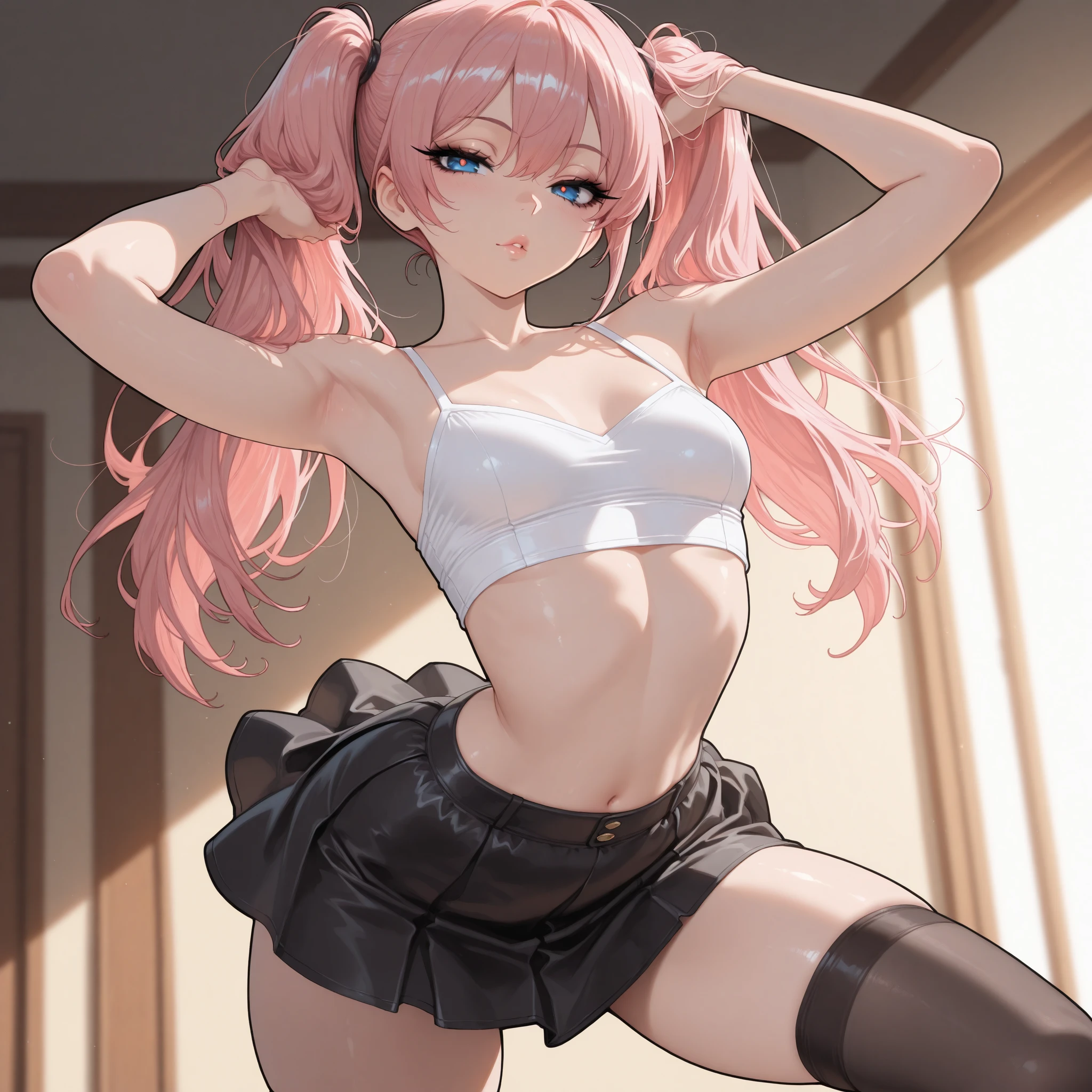 A woman wearing a pink sweater and a white pleated skirt, with black stockings on her legs, exposing her abdomen. She has a great figure, but her head is not visible. (best quality,4k,realistic),(best quality,4k,realistic)!!,[ 4K digital art ]!!  perfect figure with realistic shadows, extremely detailed art style, realistic anime, by Shitao, popular topic on cgstation, casual posture, realistic anime 3D style