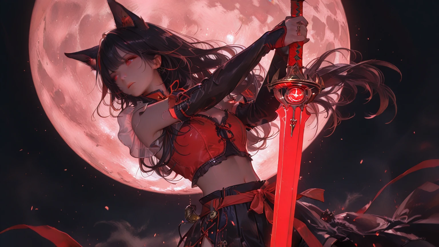 1 girl, black fur, Red eyes, suit and skirt, with a red sphere on the tip of his index finger and red whips coming out of that sphere