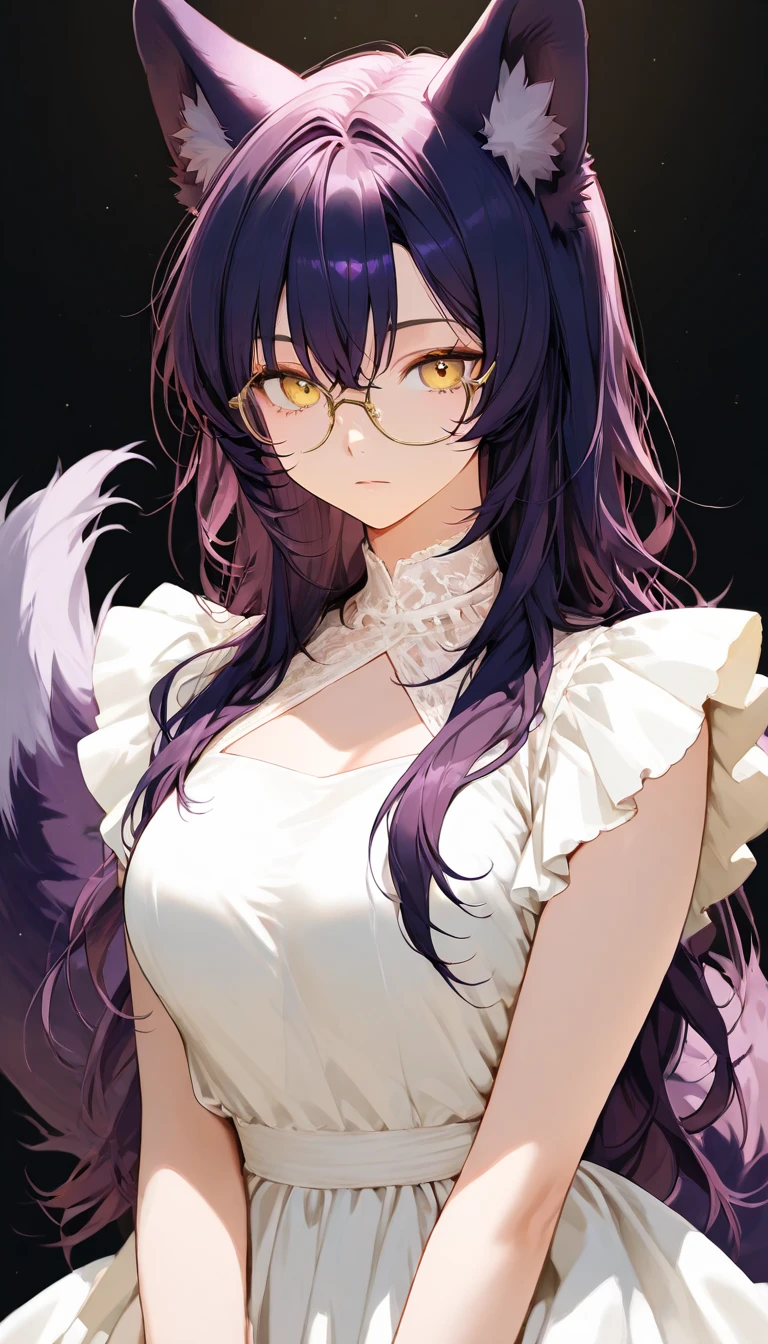 masterpiece, best quality, 1girl, ((looking at viewer)), lilac hair, purple eyes, long hair, ahoge, sweater, sweater skirt, pantyhose, 163cm, hair between eyes, large breasts, adult, 33 years old, mature, glasses, solo, sole, smile, cat ears, cat tail, fang, catgirl, animal ears, (tits :1.6)