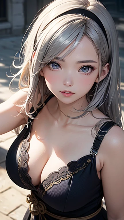 (Best Quality,High resolution,8K,finelity detailed background,Masterpiece:1.2),beautiful girl,Glossy romance gray hair,messy hair,Gray eyes,Gentle look,A refreshing look,Best quality,Best Quality,Aesthetic and aesthetic:1.2,Best details((Super detailed))(High-definition CG illustrations),Tank top,Training wear,Slender body,Training Gym,smile,blush,cute,Scrounge,Looking up,Being spoiled,super model,shoot from above