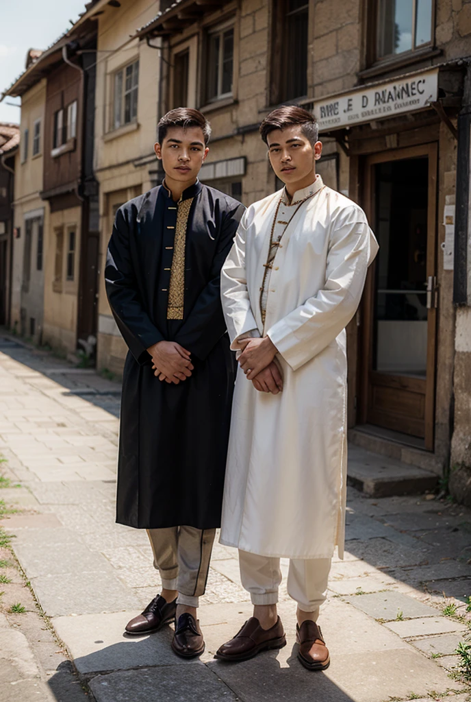 2boys kissing and embracing, masterpiece, best quality, slim lean boys young adults standing  in a tranquil pool surrounded with water lilies and reeds. The men are muscular lean slim and well built, with defined muscles. The men are wearing white linen loincloth which have intricate gold embroidery. (narrow  loincloth:1.3).  thighs and legs. They are wearing gold armbands on their arms, gold leg bands on their thighs, gold anklets on their ankles, gold bracelets, and gold necklaces. The men are wearing a single ear cuff.
