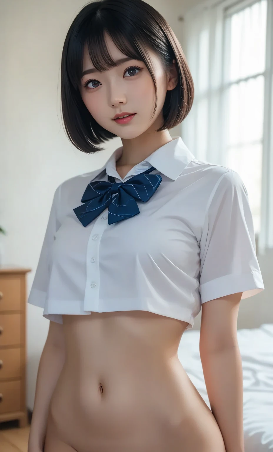 Highest quality、Ultra-high resolution、(Realistic)、18-year-old girl、((((school uniform open))))、((((I can see her )))),Hyper Detail、Super Realistic、(Realistic)、More about beautiful skin、(masterpiece:1.0)、(Highest quality)、(Ultra-high resolution)、8K resolution、Canon EOS R5、135mm、Absurd、Very detailed、Sharp focus、Fine skin、(((semi )))