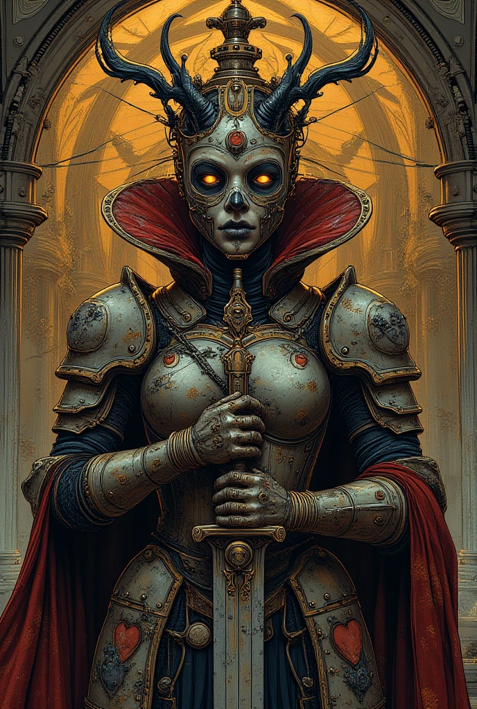 a gorgeous adepta sororitas from the movie tron, glowing skull armor, spikes, teeth, monster, dirty tentacles, pus pimples, cracked truenurgle, detailed face and eyes, beautiful lips, extremely detailed, 1girl, oil painting, concept art, dark fantasy, cinematic lighting, dramatic shadows, vibrant colors, moody atmosphere, hyper detailed, 8k, photorealistic
