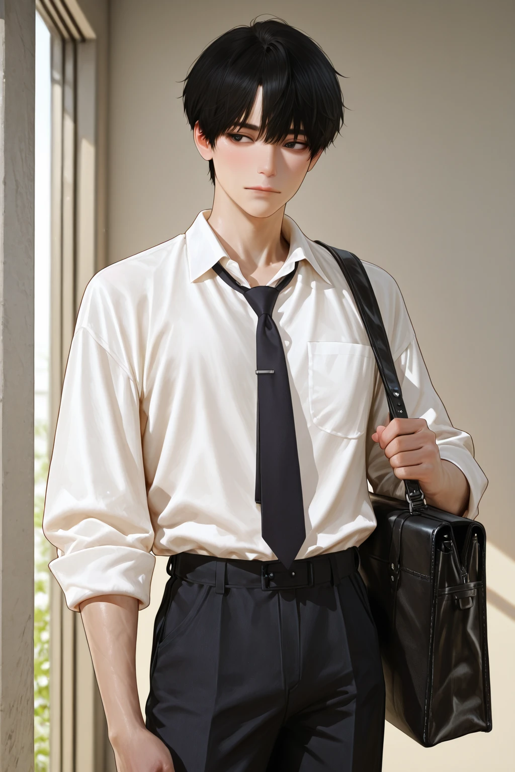 masterpiece, best quality, messy hair, winter interior, 1boy, solo, beige sweater vest, white collar shirt, short sleeves, male focus, 4k, 8k, 10 years old