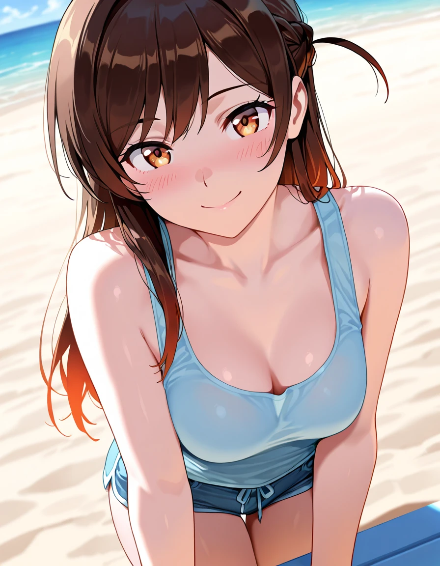 camping, yawning face, 40k, photography, masterpiece, best quality, (Riko, longhair), , (red tanktop), varied poses,  on sand