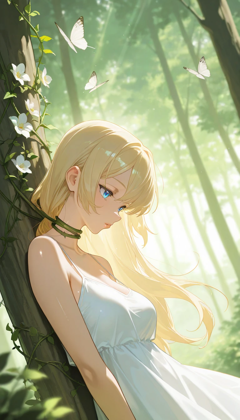 Sunlight is strong、From the side、shout、(((​masterpiece, Super detailed、Green Bikini、Look Up、Blonde、Straight Hair、Forehead