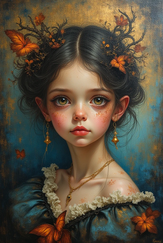 Create a Renaissance painting of how you imagine me using warm colors and a silk dress with pearls: I have eyes with a droopy shape and the color is hazel., very white skin, sharp, half-European nose, round face cheeks and thin chin with a dimple, wavy hair with a very yellowish and dark red color and a mouth with a well-defined Cupid's bow, small and a little fleshy and an eyebrow with few hairs and sparse. A slightly fat girl with a chubby eyelid 
