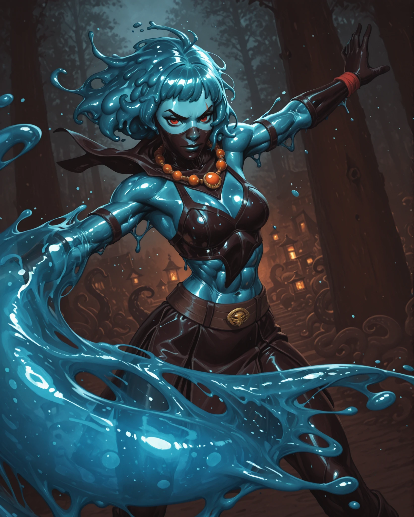 Woman looks like Ella Slurp from Fortnite. Cute slimegirl. Shiny black (latex) Haut. Transparent slime body. She has a horizontal scar over her nose. Your slimy body is athletic, with muscles and abs. B-Cup. Sie hat rote, schmale, asiatische Augen, (enge Augen; asiatische Augen), A pretty, And young face and transparent slime hairs like tentacles. The Inca clothing made of good leather: Mundschleier, Top and skirt (Schlangenhaut-Optik), and an amber necklace. atmospheric lighting. looks at the viewer. Keine Tiere im Bild. Hintergrund: aztekischer Tempel, strong lineart, hdr, hdr colours, hdr colours. Sharp. HD. Fake box art. hdr colours, oil painting, use the Street Fighter artstyle