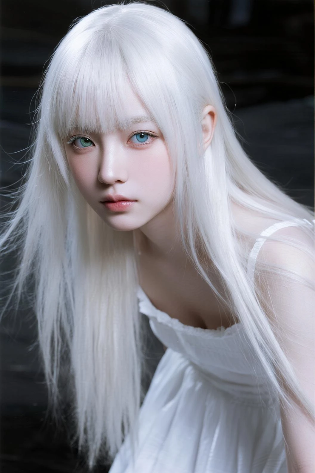 professional photograph by DC Comics and walker evans, an incredibly beautiful 18 year old model with light blue eyes and extremely long straight ivory white hair,  (golden , angelic , masterful:1.4), extremely realistic photography, bold lines, hyper detailed, expressive,  award winning,  (female:1.4), (intricate details, masterpiece, best quality:1.4),
looking at viewer, dynamic pose, wide angle view, dark limited palette, neutral density filter ,
