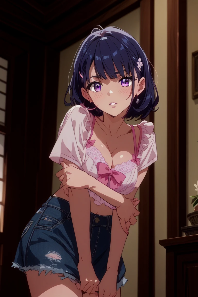 shinkai makoto, Kimi No Na Wa., 1 boy, Shaved head, , Boys are behind girls, Touching the chest, Rubbing breasts , grab, grabbing chest,chestgrab behind back, Remove your , Hold the , Embrace, Embrace, Kiss on the neck, One girl, Black Hair, Waterfall knitting, Red ribbon, Long Hair, Brown eyes, blue star necklace, Light Cardigan Pink, , Yellow shirt Open shift, belly button, White , White pants, cute, Open your mouth, whole body, Long sleeve, Cowboy Shot, masterpiece, On a date, Blushing, Bedroom, night, Sit on the bed , Shaved head,, are ,Armpit sweat,Shyness,clear,High exposure,Having my armpits licked,His arms are tied and he is hanging from a rope、A beautiful adult woman with long hair