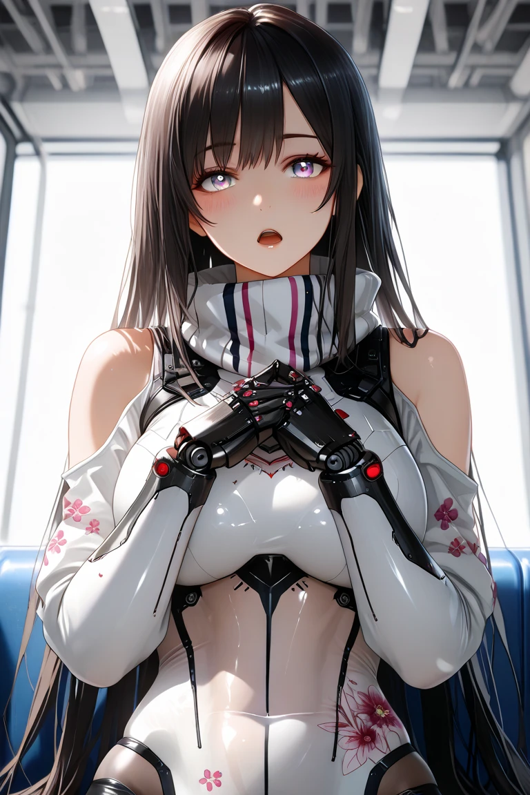 One girl, Animal ears, bangs, blush, Bodysuits, ?????, Mouth closed, fake Animal ears, gloves, Headphones, headset, Horse's ears, Impossible clothes, Jacket, large ?????, Long Hair, Long sleeve, View your viewers, pink Bodysuits, Pink Eyes, Simple Background, Fits perfectly to the skin, smile, alone, Twin tails, Upper Body, very Long Hair, White Background, white gloves, Gray Hair,Alice \(Nod\),(masterpiece:1.4),(Highest quality:1.4),(Shiny skin),Realistic