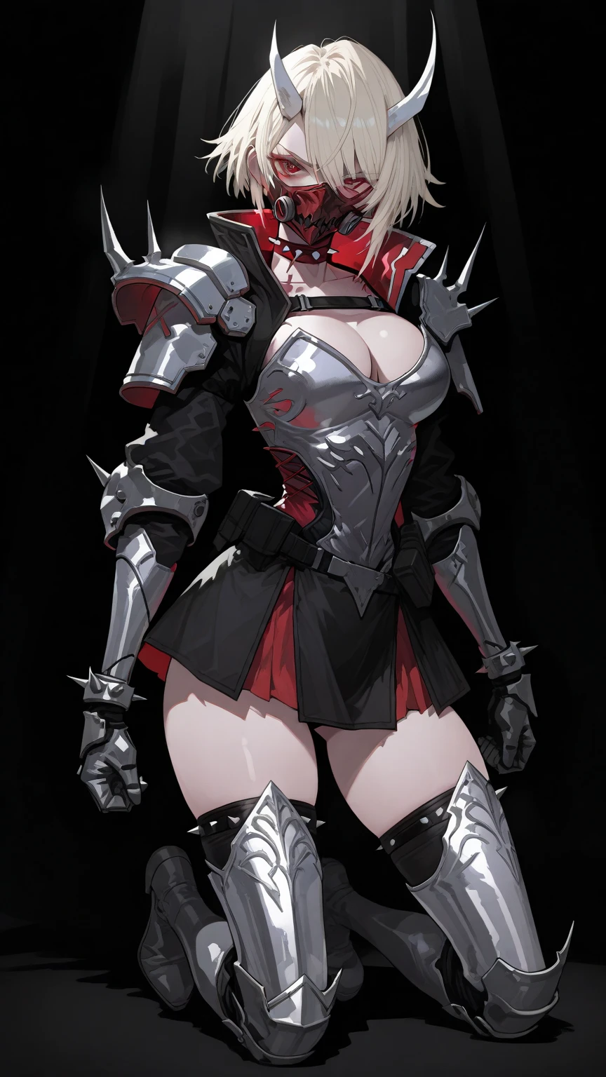 ((Plain background 1:2)) (Cammy White Street Fighter white silver short bob haircut) Female full body standing straight symmetrical looking to the viewer RED full body armored (handcuffs, , rerebrace, faulds, poleyn, gauntlets, leather collar choker, gloves, gauntlets,  high boots bootstraps, black stockings) 2 crossing big belt under belly button, navel, abs, garter straps belts attaching  ((hands on hips)) view from below, wide hips