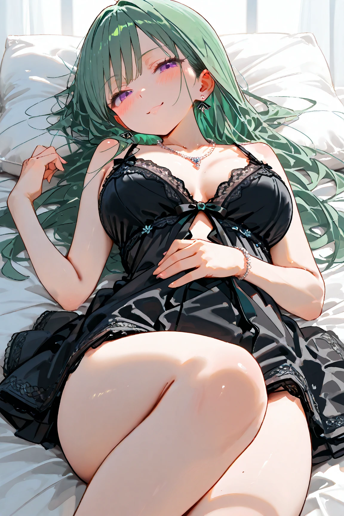 Best Quality,High resolution,8K,finelity detailed background,Masterpiece:1.2),beautiful girl,Shiny green hair,asymmetrical hair,Green Eyes,Gentle look,A refreshing look,smile,Best quality,Best Quality,Aesthetic and aesthetic:1.2,Best details((Super detailed))(High-definition CG illustrations),Purple ????????? (gray,intricate lace),Slender body,night,moon,Bedroom,On the bed,smile,blush,cute,Scrounge,Looking up,Being spoiled,super model,wariza,shoot from above