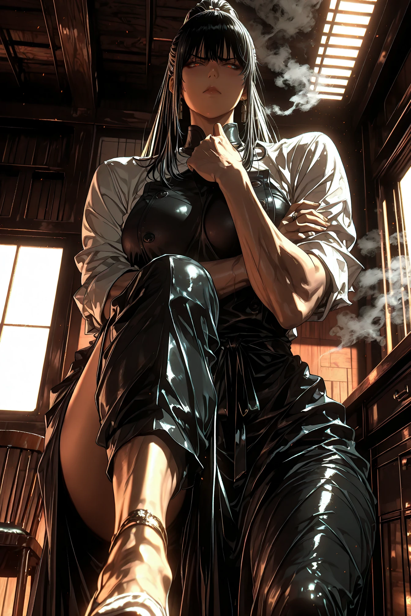  girl  smirking smile red blush red cheeks, , kneeling, , leather black collar slave, dog ears, fluffy dog ears, hands on glass breasts on glass ass on glass window fog water drop