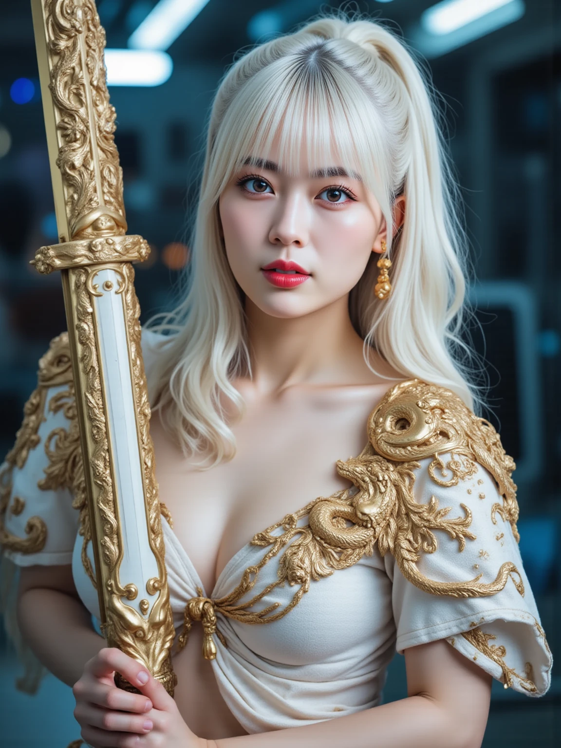 (masutepiece), Professional , ​masterpiece、top-quality、photos realistic , depth of fields （Gemstone White Metal Body:1.９),(Matte White、Jewel Gold Weapon（Jewel Metal Body:1.４),Gorgeous metal weapons ,（（ Detailed and gorgeous sword of the brave）） , Beautiful knife   ,warhammer 40k , adepta sororitas,Detail and ornate jewel crown、（（ Armor））、（（Gangle's forest background））、Beautiful Caucasian beauty、１a person、dynamic ungle,(((Detailed and ornate diamond crown)))、Smaller head、A smile、Background inside the castle、Thin and beautiful female hands、cleavage of the breast、Soldier in iron armor on background、Mystical expression、Light Effects、intense fighting、Wind-effect、magic circles、With the legendary magic wand、（wings of light）、Toostock、Anatomically correct body、