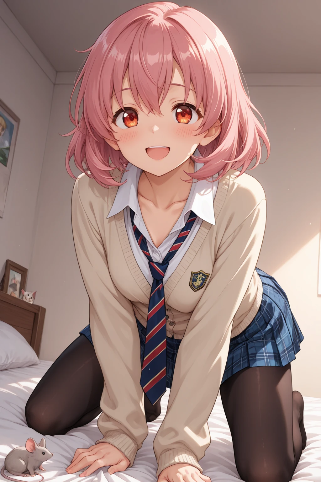 ((Highest quality, High resolution,  Perfect Pixel,  4K)),  (Beautiful Anime Girls), Depth of written boundary、


Yuigahama Yui,  (Big Breasts:1.3)、
short hair, Single hair bun, Neck ribbon, White shirt, Dress shirt, blazer, Black jacket, , Long sleeve, Checked skirt,  
Sweat、blush、
indoor、
ass pov, straddling, 