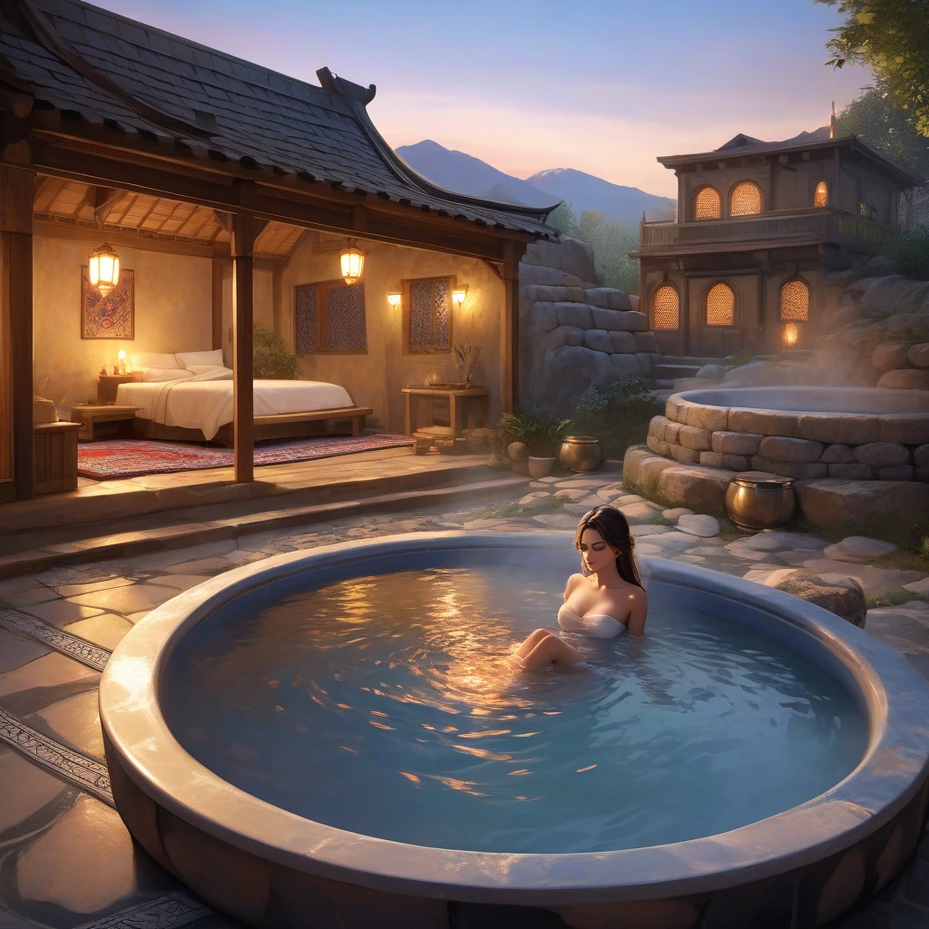 High Quality,4K,soup,Beautiful Skin,Graceful appearance,Open-air bath,Hot Springs, Persian carpet ,Stone Building,evening,relaxed vibe,Painting-like,digital art,realistic texture
