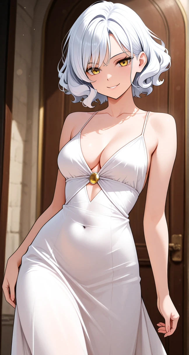 　High level image quality　best image quality　8K　 adult woman    pool party  rain　palm trees  more colors   whole body view　portrait　 bikini   　horn    ears  　short hair（（shortcut）（gray hair）（perm）（fluffy））　eye color is blue ,  , 　attractive evil face , smile   ,  sexy pose   ,  labrynth ,  arms crossed , barearm    , wearing white silk robe    , standing on person by the pool , crossed legs  , all wet , wet hair , view foot arc