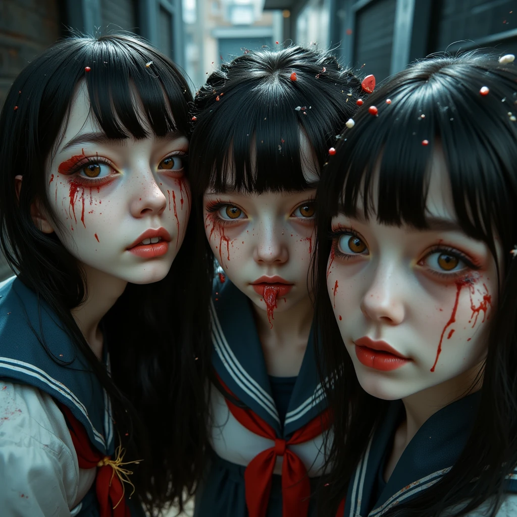 A group of anime girls turned zombies outside the hospital window with black hair，Open-mouthed，fang，Blood，terroral，3girl，Wearing a nurse's uniform with blood，Wear it with black stockings on the lower body，In a relatively empty place，The overall tone is dark，It's full of murderous intent