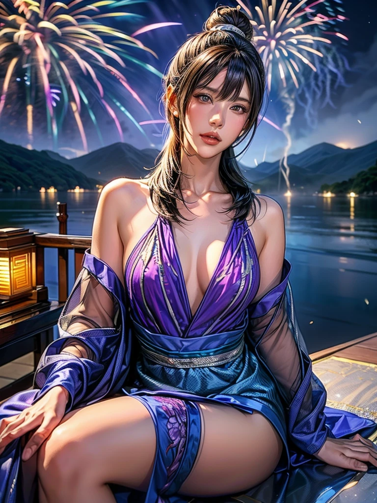 ((masterpiece, Highest quality, Super Definition, High resolution)), alone, beautiful girl, Shining Eyes, Perfect Eyes, 16 years old, Blue Theme, yukata, firework、Sexy proportions、Narrow waist、Delicate limbs、Sexy